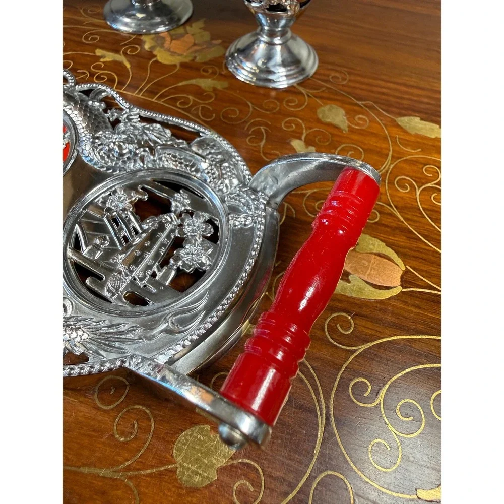 Vintage Japanese Condiment Set • Silver Plate Dragon Motif with Cobalt Glass